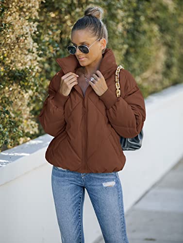 Merokeety Women's Casual Long Sleeve Stand Neck Puffer Coats Quilted Zip Baggy Down Jacket With Pockets,Coffee,S #TOP5