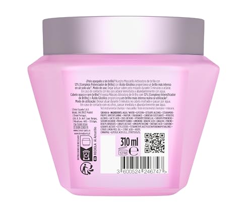 L'Oréal Paris - Maschera Attivante per Brillare, Brillante, Intenso in Un Uso Singolo-Uso, Capelli Lisci, Con Acido Glicolico, Per Capelli Spenti e Senza Vita, Elvive Glycolic Gloss, 310 ml