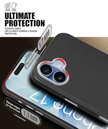 Image of WOW IMAGINE Back Cover for iPhone 17 | Shockproof Tough Leather Texture Hard Mobile Case | Ultra Slim Non-Slip Grip | Inner Velvet Fabric | Metal Camera Ring - Black