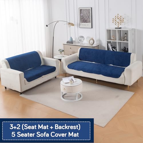 Image of HOKIPO Quilted Sofa Cover 3 Seater and 2 Seater Set - 5 Seater Sofa Cover (3+2) for Seat & Back | 'Quilt Classic' Navy Blue (IN-927 * 2+926 * 2-NBL)