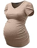 GINKANA Maternity Tops Short Petal Sleeve Tshirt V Neck Tee Ruched Sides Shirts Casual Basic Tunic Pregnancy Tshirt Blouse,Khaki,M