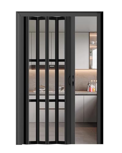 Concertina Door Pleated Magnetic Catch PVC Concertina Accordion Door, Folding Doors Internal Grey White Black for Living Room Wardrobe Bathrooms, Customizable(Black,65cmx101cm)