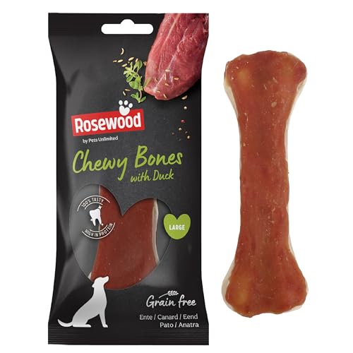 Rosewood Chewy Bones Pato Large - Hueso Masticable para Perros de Cuero, 90 | Snack dental de piel de vacuno con pato, premio rico en proteínas sin cereales ni aditivos para una limpieza dental activa.