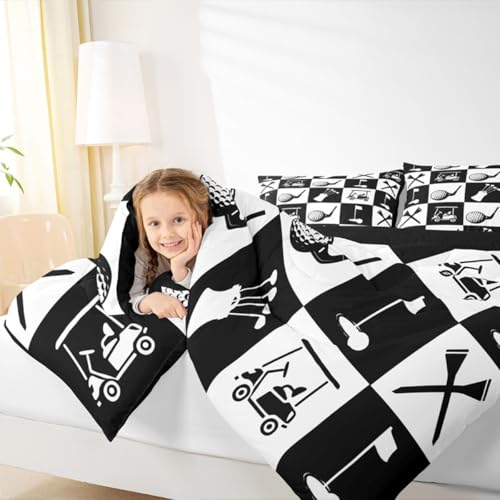 Image of Feelyou Golf Comforter Set Toddler Size Black White Plaid Buffalo Check Geometric Bedding Set for Kids Boys Girls Sports Theme Duvet Quilt Bedroom Decor Microfiber 2 Pcs with 1 Pillow Cases