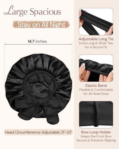 Image of BONNET QUEEN Silk Bonnet for Sleeping HYALURONIC Acid Reversible Double Layer Satin Bonnet for Curly Hair, Black, One Size