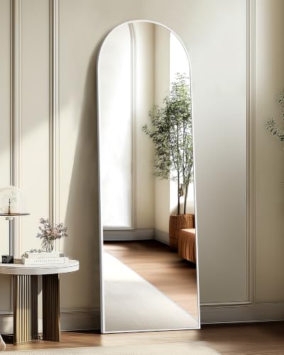 Image of Arched Full Length Mirror, 56 inchx15 inch Standing Body Mirror for Wall, Silver | Built-in Stand, HD Shatterproof Glass, Aluminum Alloy Frame, Hanging or Standing, for Bedroom, Living Room & Dressing Room
