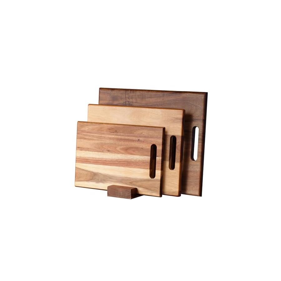 YSTKC Acacia Wood Cutting Boards Set of 3 PCS for Kitchen, Large Wooden Cutting Board Set with Handle, Thick Chopping Board, Butcher Block Wooden Trays for Meat, Fruit Vegetable and Cheese