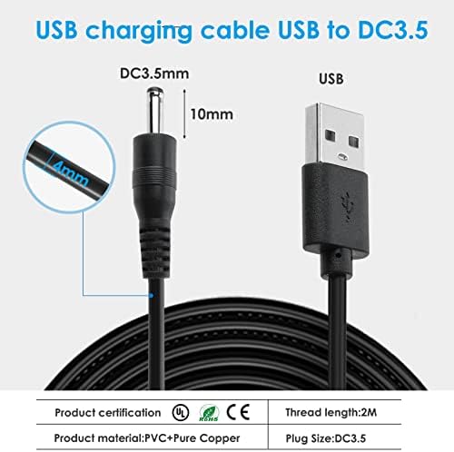 Replacement USB to DC 5V Power Cable 6.6FT/2M Type A to DC 3.5x1.35mm Barrel Jack Fast Charging Compatible with FOREO Luna Luna 2 Luna 3 Luxe Facial IRIS Eye Massager Mini Fan & Speakers
