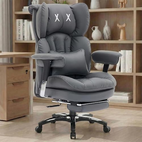 Efomao Bürostuhl, X-Stickerei Big and Tall Stuhl aus PU Leder für Zuhause, Verstellbarer Hochlehner Computer Gaming Stuhl, 200 kg drehbarer Chefsessel mit Fußstütze und Lendenwirbelstütze, Grau