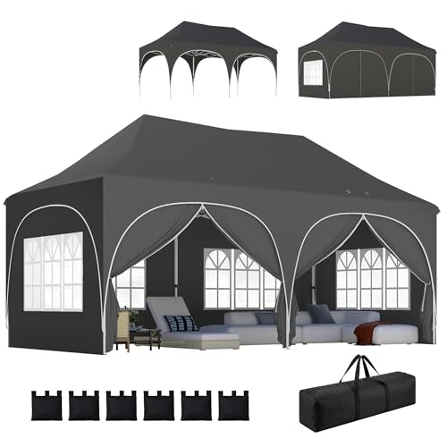 Outsunny Carpa Plegable 6x3 m, Pop up, con 6 Laterales Extraíbles, Cenador de Jardín con Altura Ajustable, Ventanas, Bolsa de Transporte, UPF30+, Gazebo para Camping, Fiestas, Exterior, Gris Oscuro