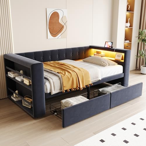 Soweiz Cama tapizada de 90 × 190 cm, enchufe y gran espacio de almacenamiento, con cajones espaciosos, cama tapizada, sofá cama multifuncional, gris oscuro