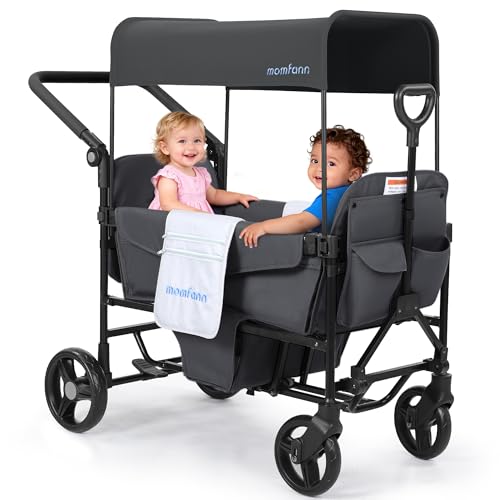 Image of MOMFANN Double-Seater Baby Wagon with Canopy, Push Pull Stroller with Adjustable Handle, Wagon Stroller for 2 Kids & Outdoor Adventures (Dark Grey)