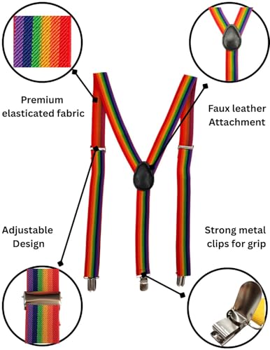 Image of BookMyCostume Rainbow Suspenders for Kids & Adults|Adjustable Elastic Y-Back Belt for Fancy Dress Costumes,Theme Parties,Dance Costume,School Functions&Stage Shows|Unisex Clip-on Suspenders Accessory