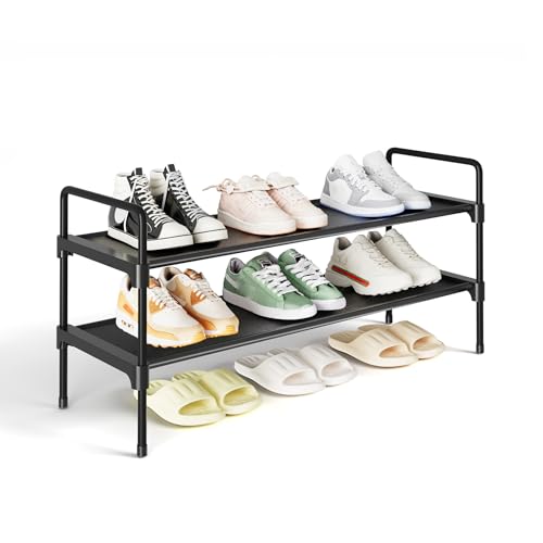 Image of Kitsure Shoe Rack for Closet, Shoe Organizer for Front Door Entrance, Stackable Shoe Shelf, Detachable Closet Organizers and Storage, 27.4 inch Wide - 2 Tiers, Black | Closet, Front Door Entrance, Entryway, Stackable & Detachable Shelf, Closet Organizers and Storage