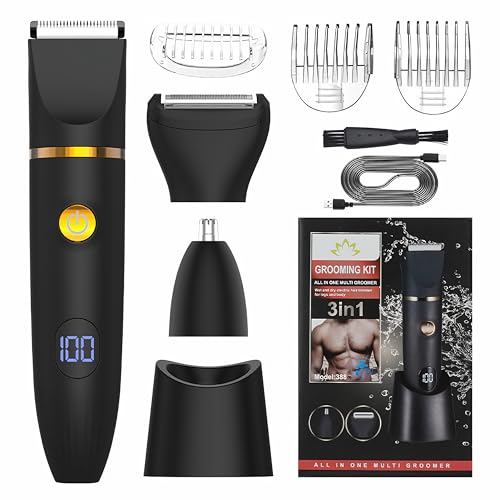 Body Hair Trimmer for Men, IPX6 Waterproof 3-in-1 Electric Grooming Kit with Precision Trimmer & Shaver for Body Nose Groin Legs & Chest, LED Display