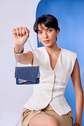 Image of ZOUK Tovi Mini Bag Wallet | Stylish Vegan Denim Crossbody Wallet for Women with Card Slots & Water-Resistant Lining | Handcrafted Small Sling Bag with Silver Chain Strap | Abstract Amaze