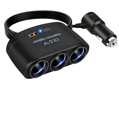 120W Prise Allume Cigare 12V 24V, Adaptateur avec 3 Prises Allume-Cigare 1 USB-A Port 1 Type C 5V 3.1A, Multi Chargeur Splitter avec LED pour Tablette GPS...