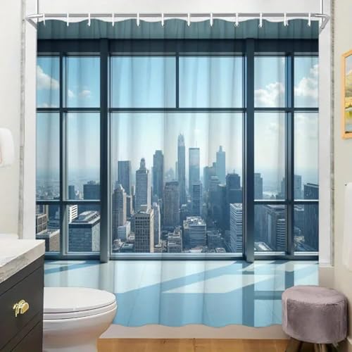 LMYCHENG Cortina de Ducha Moderna con Paisaje Urbano - Edificios de Gran Altura y Cielo despejado, con Ganchos, decoración de baño, Tela de poliéster, 180 x 200 cm/71 x 79 Pulgadas
