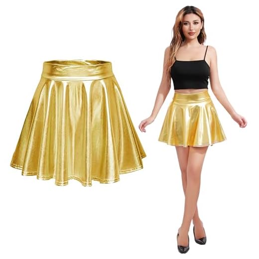 Falda Brillo Mujer Cintura Alta, Falda Metalizado Mujer Brillante No Transparenta No Aarruga, Minifalda MetalizadaSexy Falda Corta para Baile Club Danza Disfraz (M, Falda Metalizada Dorada)