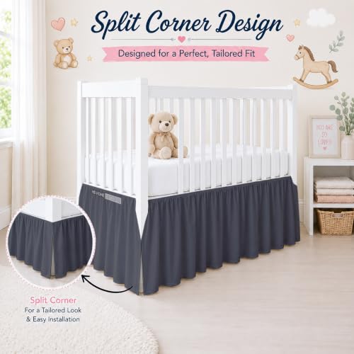 Image of Cotton Crib Bed Skirt Dust Ruffle with Split Corners, 14 inch Drop, Dark Grey | Nursery Standard Crib Bedding Bed Skirt for Baby Boys and Baby Girls. Hides Under-Crib Storage for a Neat Appearance