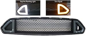 IKON MOTORSPORTS Upper Grille Compatible With 2018-2022 Ford Mustang, DRL Yellow Turn Signal Smoke LED Light