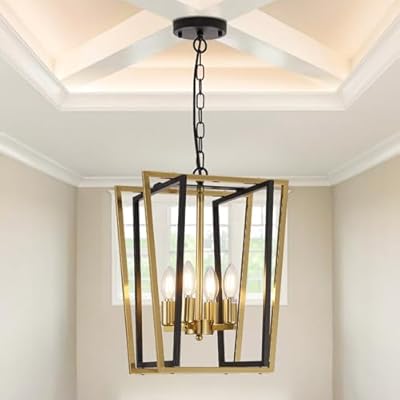 WJShome 4-Light Black and Gold Chandelier,Farmhouse Hanging Lantern Pendant Light,Industrial Ceiling Foyer Lighting Fixtures, Adjustable Height Modern Chandelier,for Kitchen Island,Hallway,Entryway