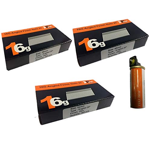 38mm + 45mm + 63mm 16g Angled Nails, 3 x 500 Pack + 1 x Fuel Cell for Paslode