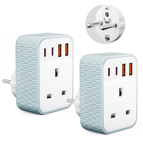 Image of Vecbmn 2 Pack UK to European Plug Adapter, EU Schuko Travel Adaptor with 4 U-S-B Ports(2 USB C & 2 USB A), Travel Adaptors UK to EU for Germany Spain France Poland Netherlands Iceland(Type E/F)