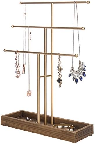 MyGift 3-Tier Gold Metal T-Bar Jewelry Organizer Stand, Necklace and Bracelet Hanging Display with Brown Wood Ring Tray