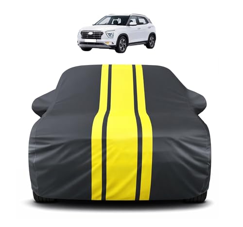Image of Auto Hub Car Cover Compatible with Hyundai Creta (Model : 2020-Till Date) with Mirror Pocket, Soft Cotton Lining, Creta Car Cover Waterproof - Yellow-Black