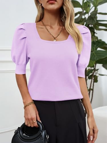 Image of Womens Puff Short Sleeve Sweater Tops Square Neck Casual Knit Pullover