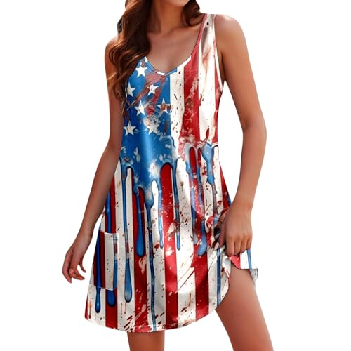 Generisch Vestidos de verano para mujer con cuello en V sin mangas Bolsillos Elegante moda casual para días cálidos, azul, L