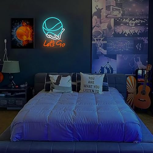 Image of 'Let's Go' Basketball Neon Sign for Wall Decor - 17 inchx12.6 inch, Dimmable LED Sign for Room Decor. Ideal for Boys' & Men's Bedrooms, Living Rooms, & Sports Man Caves. Cool Blue & Red Basketball Gifts Idea!