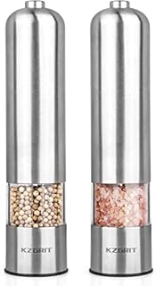 KZGRIT Electric Salt and Pepper Mill Set, Battery Operated, Ceramic Grinding Blade, Automatic Stainless Steel Grinders Shakers with LED Light and Adjustable Coarseness(2 Pack, Silver)