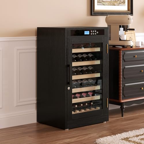 Image of KEIKI Freestanding Wine Refrigerator with Wood Cabinet, 69 Bottle Single Zone Wine Cooler, Humidity Control Tempered Glass Door, LED Light Lockable Pull-Out Shelves, for Home Bar Dining, Black