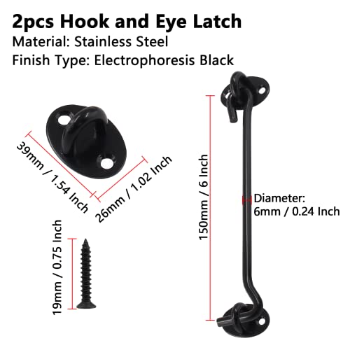 Cjueiom 2pcs Shed Door Hook and Eye Latch Black Latch Hook, 150mm / 6 Inch Door Latch Stainless Steel Cabin Hook - Image 4