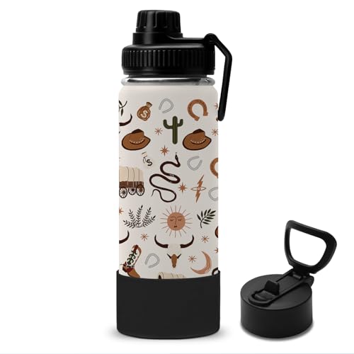 18oz Kids Water Bottle with Straw & 2 Lid, Western Cowboy Stainless Steel Water Bottle, Insulated, Leak Proof, BPA-Free, for School, Travel, Cowgirl Gift Cup for Boys Girls Birthday Gifts