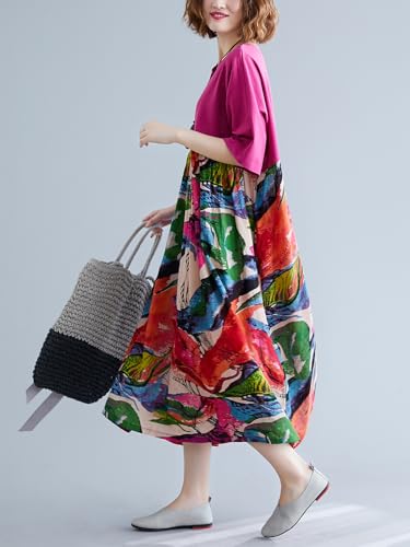 Image of Women's Oversized Dress Plus Size Summer Dress Artsy Print Pathwork | Loose, Oversized Cut Baggy Dresses. O Neck with Pockets. Breathable Viscose Fabric for Summer. Colorful Print Patchwork