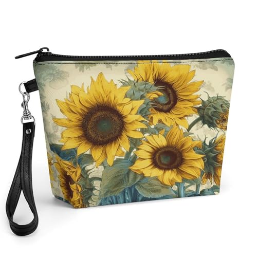 Bolsa de maquillaje con estampado de girasol y asa: organizador de cosméticos grande