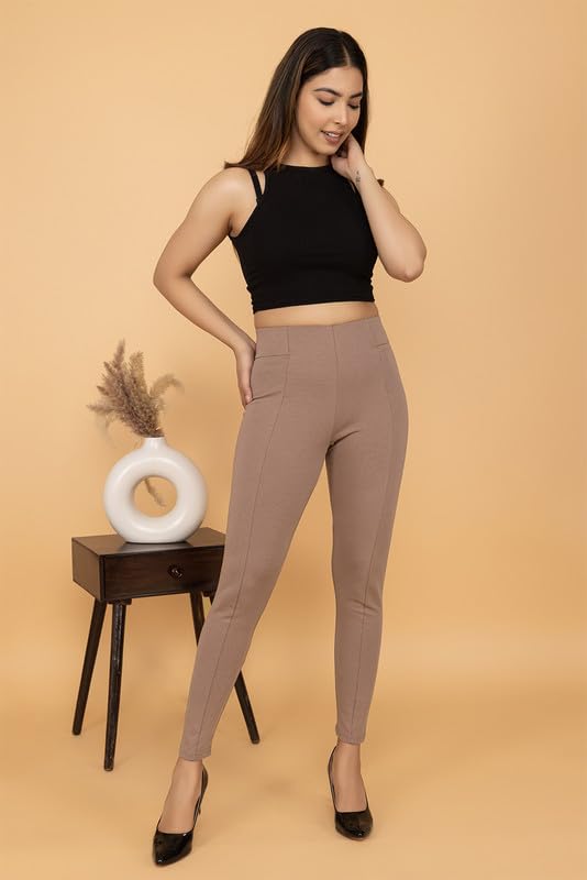 Image of Mlada Slim Fit Jeggings with Elastic Waist Band for Women Office Work Formal Wear Trousers Stretch Cotton Knit High Waist Skinny Fit Jeggings Lycra Pants Travel Comfort Jeggings