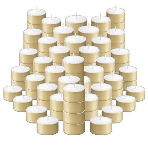 BOLSIUS Velas de té doradas – 100 unidades, velas de té de larga duración sin perfume con mechas de algodón y 8 horas de combustión – Velas de té de cera sin humo a granel para fiestas, bodas