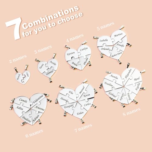 Personalized Sterling Silver Heart Puzzle Necklaces Set – Custom Name 2/3/4/5/6/7/8 Pieces BFF & Family Jewelry with Free Engraving Elegant Packaging for Family Friends3