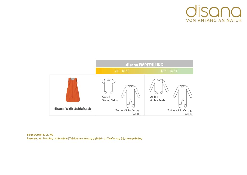 Disana WALK-SCHLAFSACK Baby & Kleinkind - 100% Bio-Merino, TOG 1.7 – atmungsaktiv, kuschelig warm – unisex Gr. 60, 80, 100 cm - nachhaltig & fair - mit Zipper - made in Germany