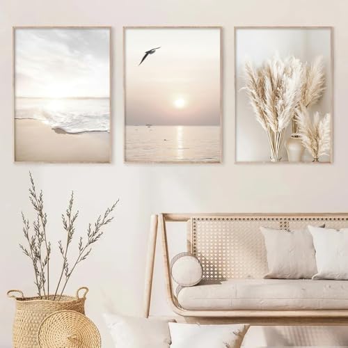 3 Tableau Decoration Murale Beige Affiche Nature Chambre 30x40 Poster Mural Pampas Mer Plage Paysage Impression sur Toile Photo Art Affiche Boho Tableau Deco...