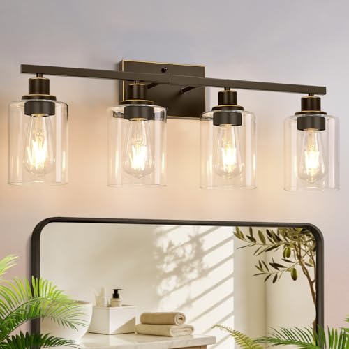 Image of MOKATNG 4-Light Bathroom Light Fixtures, Vanity Light with Clear Glass Shades, Oil-Rubbed Bronze Bathroom Light Fixtures Over Mirror, Modern Bathroom Wall Lamp for Mirror Living Room Cabinet Bedroom