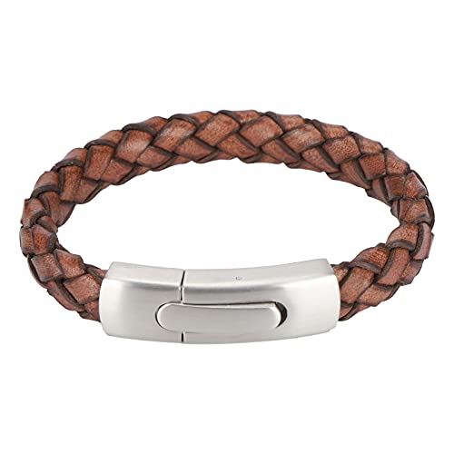 SparkFeng Bracelet en cuir tressé vintage pour homme, bracelet à manchette rétro avec fermoir magnétique en acier inoxydable, design en corde de cuir de vache tressée couleur brun foncé,