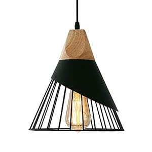 Suspension Luminaire Vintage,Bois Métal design Lampe Plafonnier Industrielle en Luminaires Suspension Abat-jour 27 Applique d’Eclairage pour salle à manger Cuisine,Noir