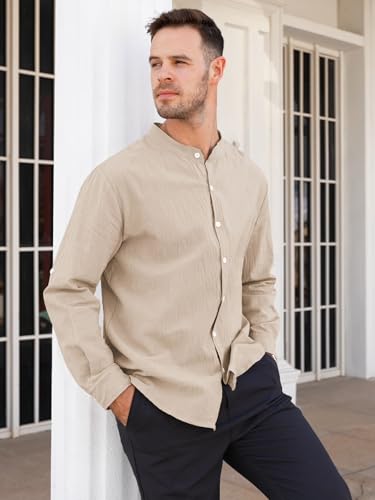 Mens Long Sleeve Shirts Casual Button Down Shirt Men Band Collar Slim Fit Linen Dress Shirts3