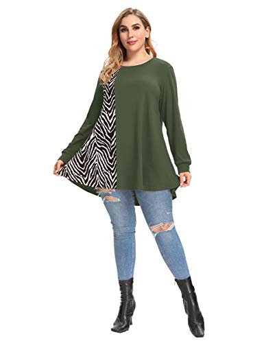 LARACE Plus Size Sweatshirts Lightweight Animal Print Tops For Women Long Sleeve Tunic Loose Pullover Color Block T-shirts(Army Green 4X)