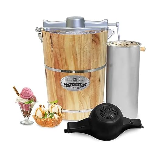 Elite Gourmet Old Fashioned 6 Quart Vintage Appalachian Wood Bucket Electric Ice Cream Maker Machine, *Bonus Classic Die-Cast Hand Crank for Churning, Uses Ice and Rock Salt Churns Ice Cream in Minute